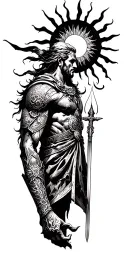 My idea it’s a complete sleeve with traditional style and connected The images: ares the good of war, mon, sun, a  tattoo design idea