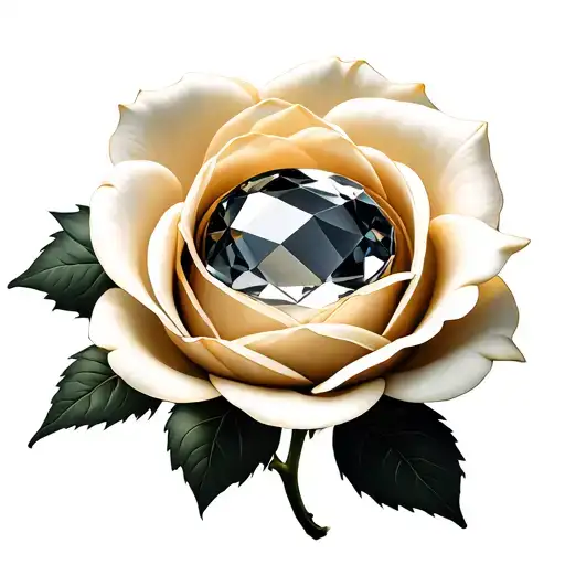 top down view of a large round gemstone sitting in the center of a rosebud with cream surrounding the gemstone tattoo design idea