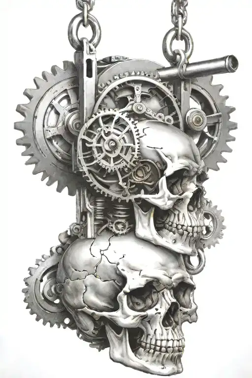 skull pendulum hanging from complex machine on a beam with gears   tattoo design idea