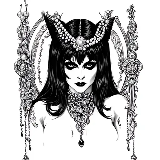 Elvira headshot to shoulders gothic pearls tattoo design idea