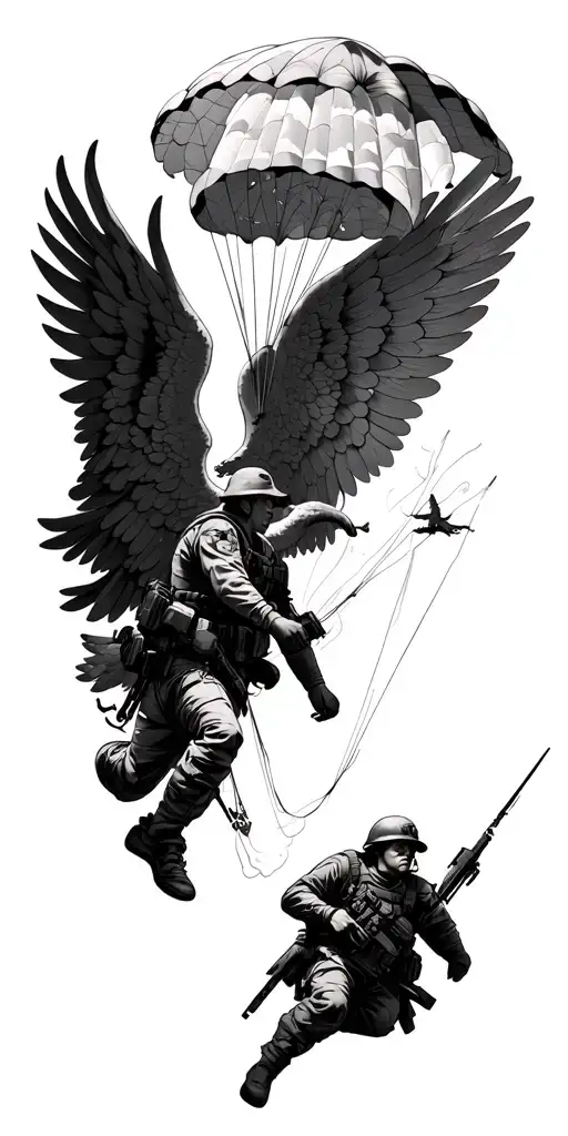 soldier about to face war arch angel flying down from heaven, soldier parachutting down next to the angels tattoo design idea