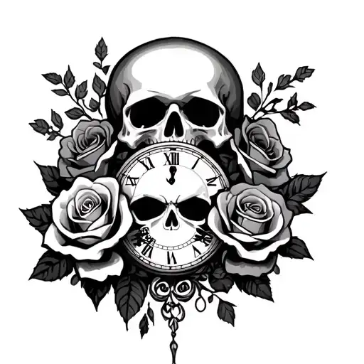 skulls roses and clock tattoo design idea