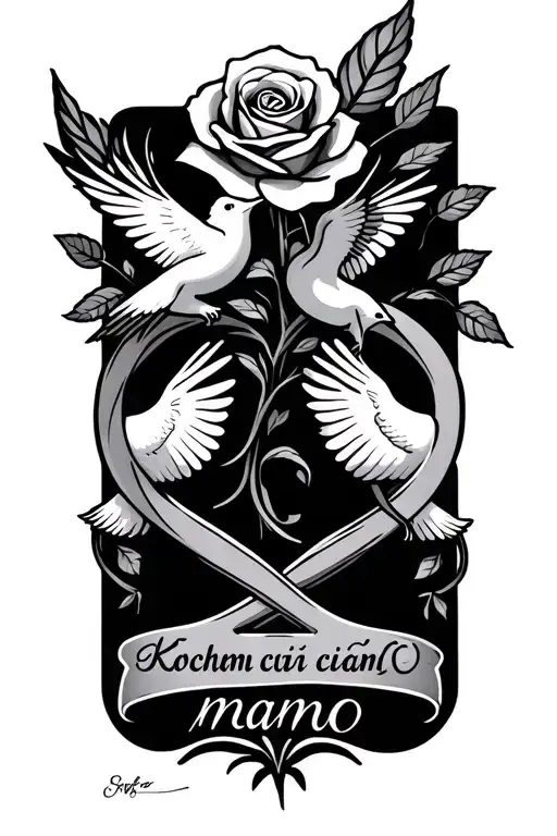  infinity symbol with doves, a leafy stem, and a rose topped with the vertical phrase “Kocham cię mamo” tattoo design idea