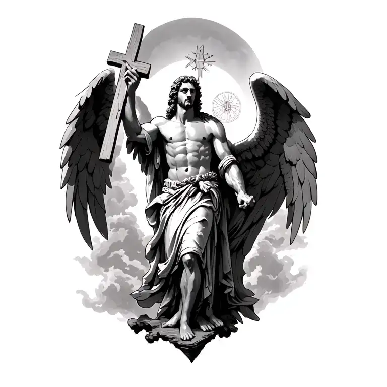 The creation of the Archangel Michael who defeated Satan stands on it and holds a wooden cross in his hands, which he ho tattoo design idea