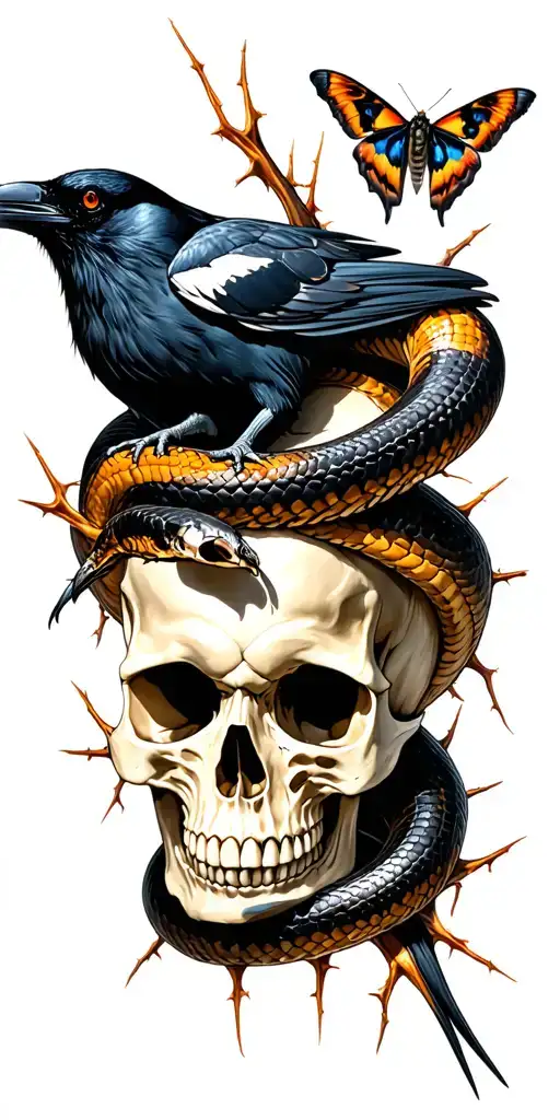 BPD, skull, snake wrapping, thorns, moths, death, crow tattoo design idea