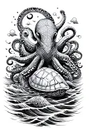 ocean, waves, turtle, octopus, boat tattoo design idea