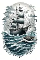 ocean, waves, turtle, octopus, boat tattoo design idea