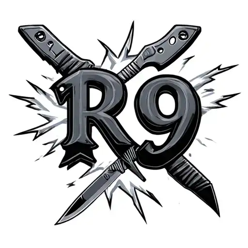 "R9" knife wrapped in lightning bolts tattoo design idea