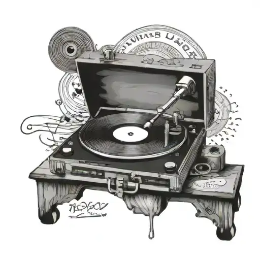 record player surrounded by lyrics tattoo design idea