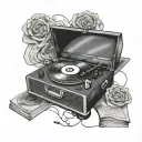 record player surrounded by lyrics tattoo design idea