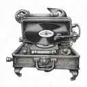record player surrounded by lyrics tattoo design idea