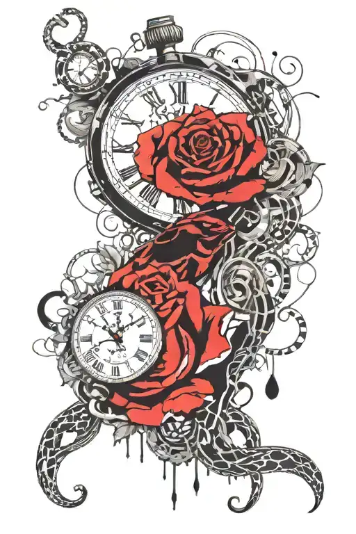 Hand clock with snake vining around with one rose behind drawing tattoo design idea