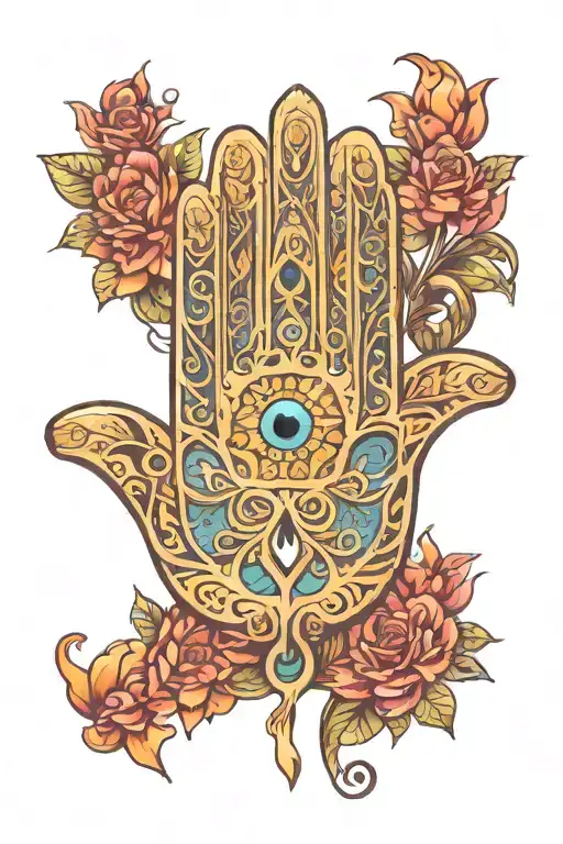 Jewish Hamsa hand, fingers downwards. Middle of the Hamsa feature a Star of David.  tattoo design idea