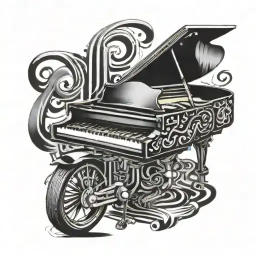 A sleek motorcycle merging into a grand piano with musical notes flowing out of the exhaust pipes tattoo design idea