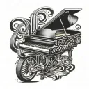 A sleek motorcycle merging into a grand piano with musical notes flowing out of the exhaust pipes tattoo design idea