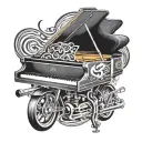 A sleek motorcycle merging into a grand piano with musical notes flowing out of the exhaust pipes tattoo design idea