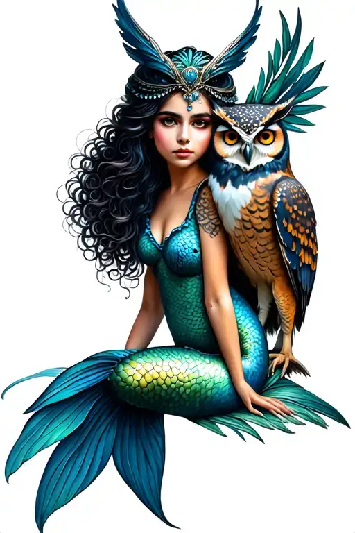 mermaid and owl sitting tattoo design idea