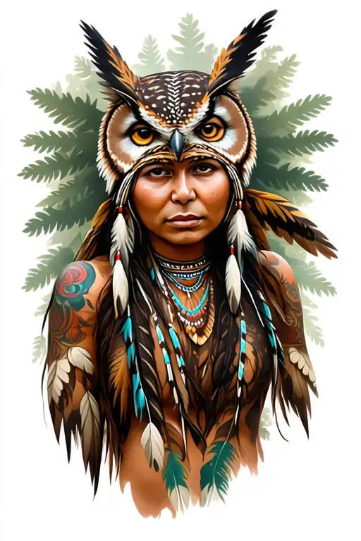 realistic Native American woman with Owl head dress surrounded by Forrest  tattoo design idea
