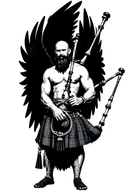 no legs shirtless muscular bagpiper bald black beard playing bagpipes hoge black wings tattoo design idea