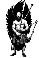 no legs shirtless muscular bagpiper bald black beard playing bagpipes hoge black wings tattoo design idea