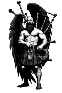 no legs shirtless muscular bagpiper bald black beard playing bagpipes hoge black wings tattoo design idea