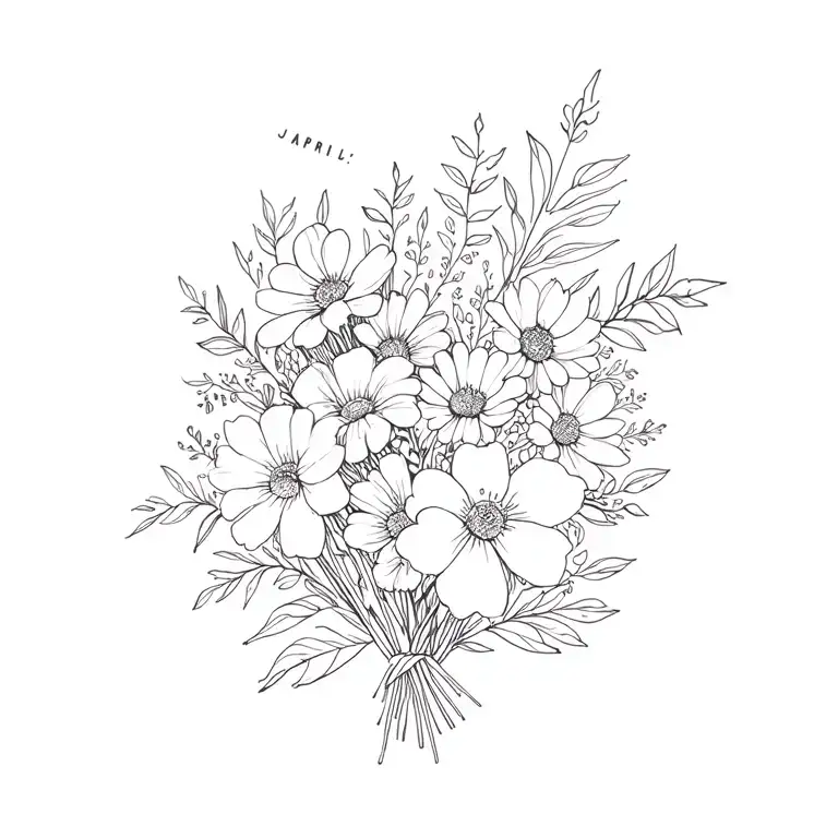 January, april, July, August, October, December birth month flower bouquet fine line tattoo design idea