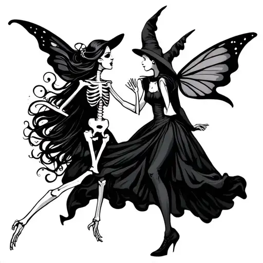 A fairy and a witch dancing skeleton dancing tattoo design idea
