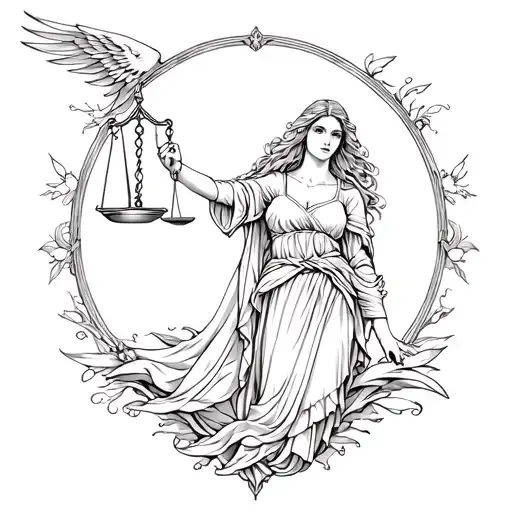 A detailed fine line tattoo of a Virgo maiden gracefully holding balancing scales in one hand, protected by a majestic l tattoo design idea