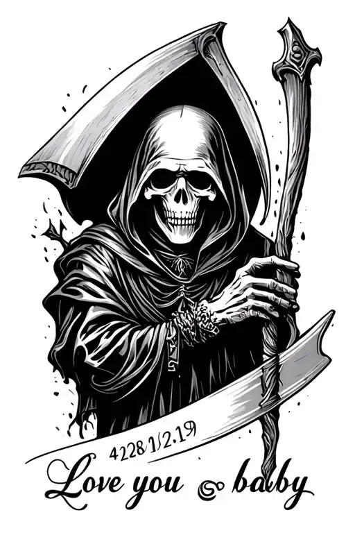 "Love you baby" 4/20/19 and grim reaper with scythe tattoo design idea