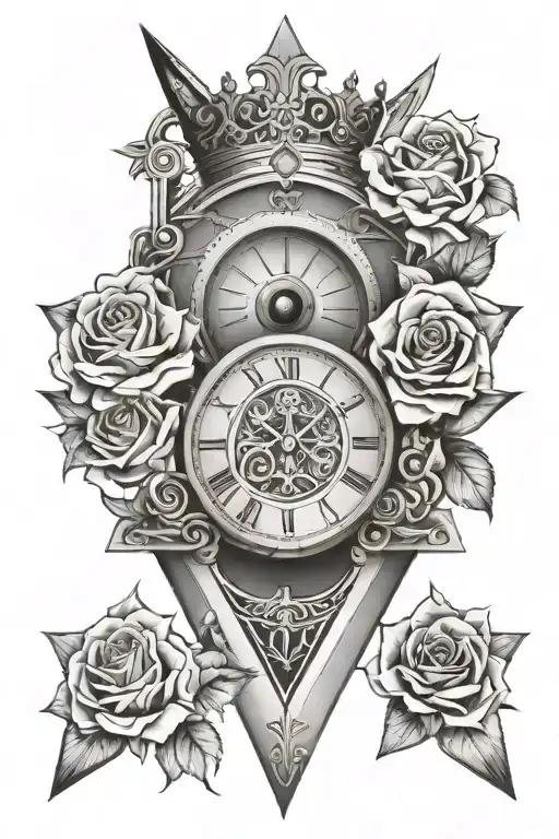 Clock with Roman numerals, a triangle with an eye inside, roses and a crown tattoo design idea