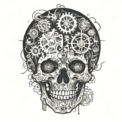 overthinking scull gears with broken hearts tattoo design idea