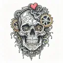 overthinking scull gears with broken hearts tattoo design idea