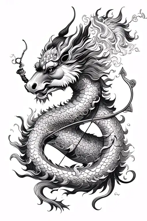 pixiu with chinese dragon wrapped round centaur bending a bow tattoo design idea