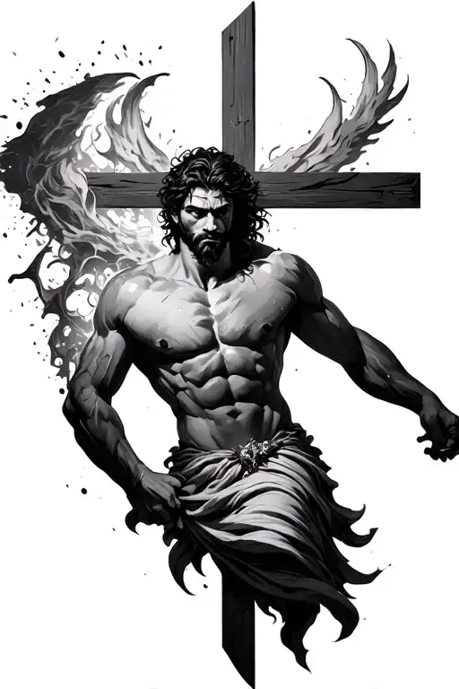 Samson breaking free with a cross in the back tattoo design idea