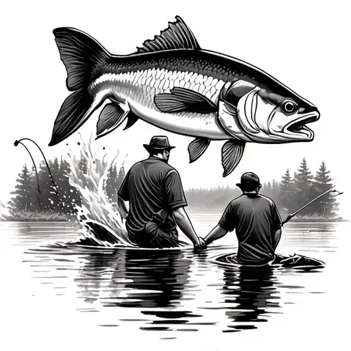 Father and son fishing together, with a large carp jumping out of the water tattoo design idea