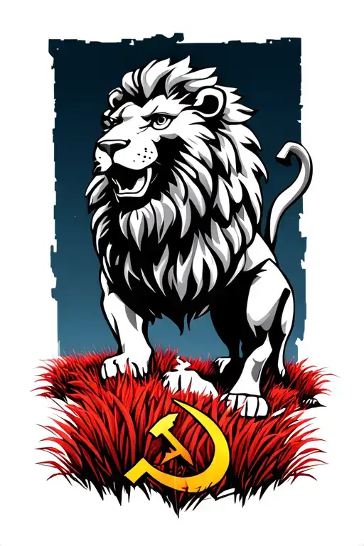 czech lion standing on a field of red grass with a dark blue sky.  under right foot broken communist hammer and sickle.  tattoo design idea