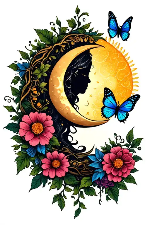 thigh tattoo, sun, moon, vines with flowers, fairies, magic, witch, butterflies, darkness tattoo design idea