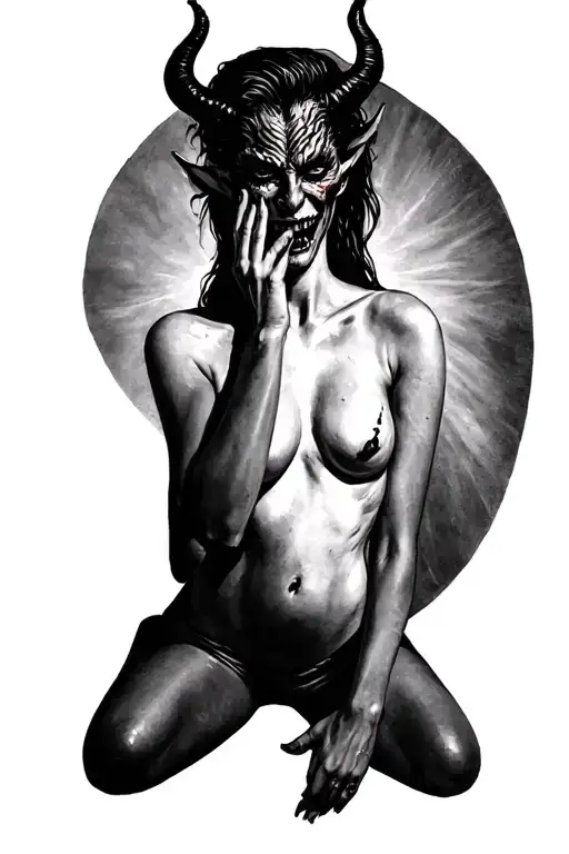 woman leaned back with her hand on his face dancing with the devil tattoo design idea