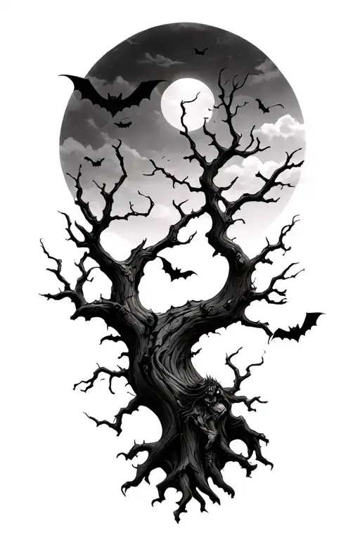 shahad with leafless tree and bats flying across tattoo design idea