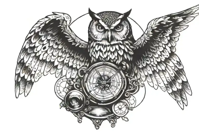 A flying owl holding a time-turner in its talons tattoo design idea