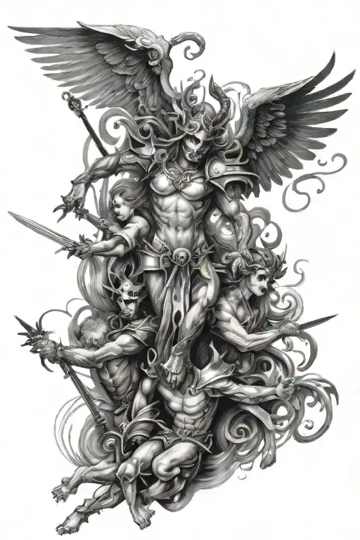 leg sleeve of angels and demons fighting with a masquerade jester day, and with and dark elements. hyper realism  tattoo design idea