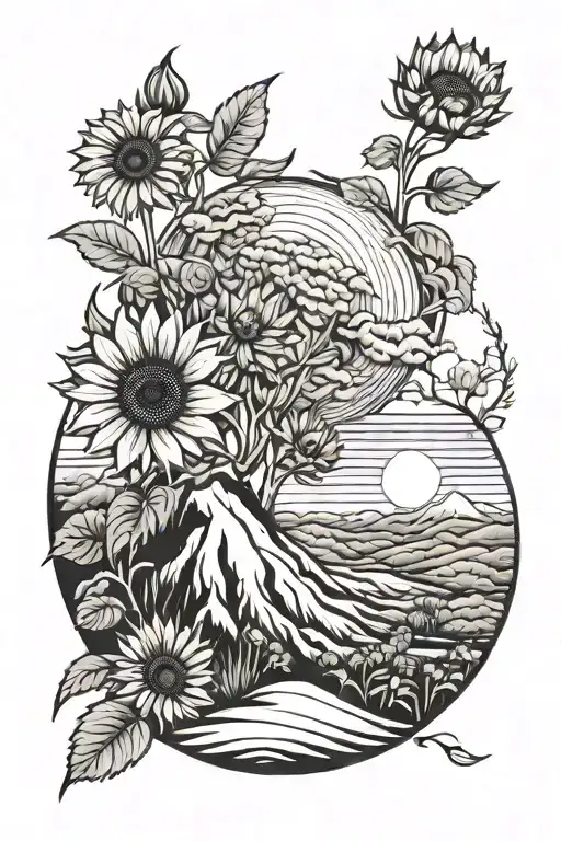 sisyphus, one bright star, Milwaukee, field of sunflowers, great wave, black and white tattoo design idea