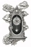 grandfather clock showing 11:29 with clouds behind the top half and sun rays tattoo design idea