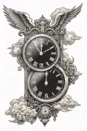 grandfather clock showing 11:29 with clouds behind the top half and sun rays tattoo design idea