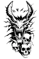 A black and white tattoo with a wild toothless head with lightning behind it and human skulls tattoo design idea