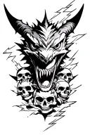 A black and white tattoo with a wild toothless head with lightning behind it and human skulls tattoo design idea