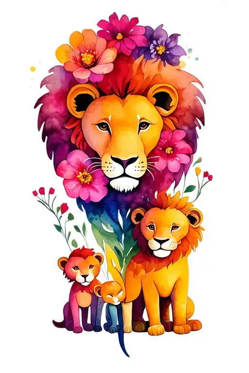 lion family mom, dad, 2 kids with bright flowers intertwined tattoo design idea