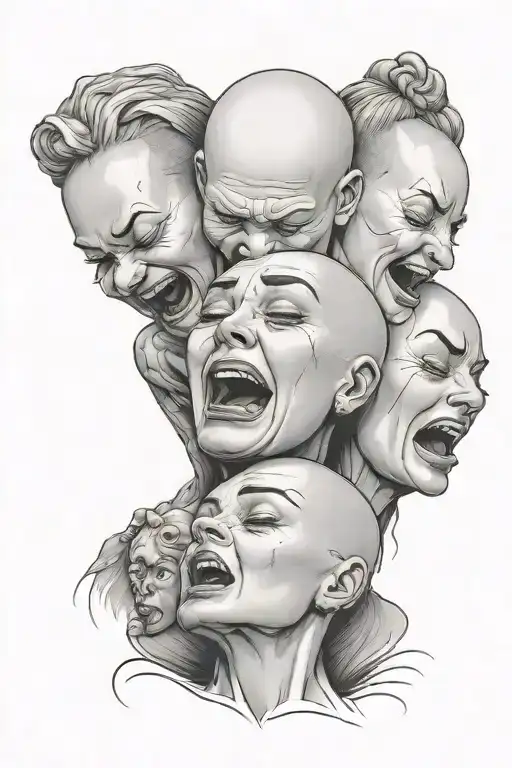 bald woman with three heads crying having a mental breakdown and happy tattoo design idea