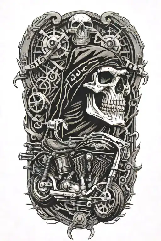 Harley style with railroad tracks circling the right side with one grim reaper skull and motorcycle engines tattoo design idea