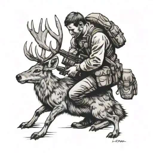 back view of man kneeling being held up by rifle remorseful over dead deer on front of him tattoo design idea